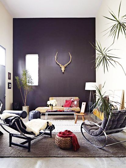 The Accent Wall // Why It Works Purple Accent Wall, Brown Accent Wall, Urban Bohemian, Purple Living Room, Apt Ideas, Beautiful Fabrics, Purple Walls, Bohemian Living, Bohemian Living Room