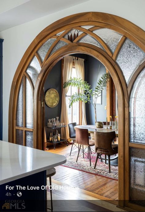 Unique Rooms To Have In Your House, Unique Archways In Homes, Elvish Interior Design, Vintage Style Interior, Arched Passageway, Large Arch Window, Archway In House, How To Add Arches In Home, House With Spiral Staircase