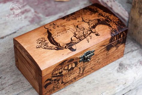 Totoro Engraved Jewellery Box Wooden Box Crafts, Wooden Box Packaging, Engraved Jewelry Box, Engraved Wooden Boxes, Memory Boxes, Painted Wooden Boxes, Wood Burning Patterns, Wooden Chest, My Neighbor Totoro