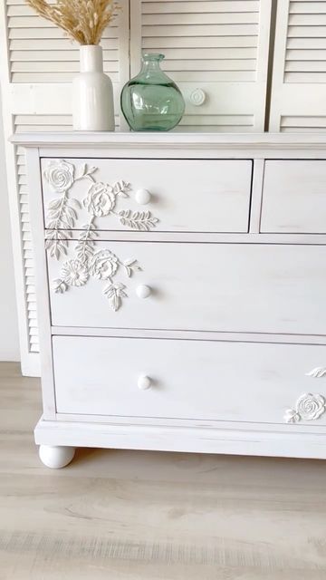 Dresser With Appliques, Girls Dressers, Flowers On Dresser, Girls Dresser Makeover, Anthropologie Dresser, 3 Drawer Dresser Makeover, White Dresser Makeover, White Rustic Dresser, Dresser Makeover Kids