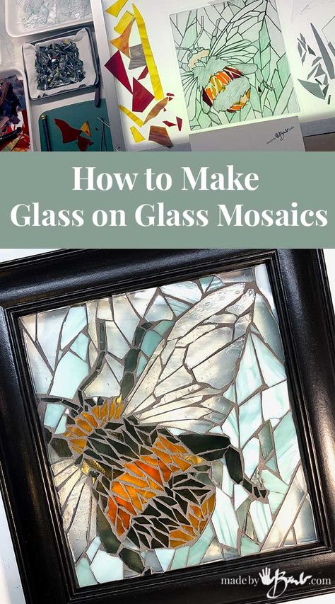 How to Make Glass on Glass Mosaics - Made By Barb - tutorial Upcycling, Stained Glass Diy Tutorials, Glass Mosaic Diy, Stained Glass Mosaic Patterns, Broken Glass Crafts, Stained Glass Mosaic Art, Mosaic Art Diy, Mosaic Garden Art, Glass Window Art