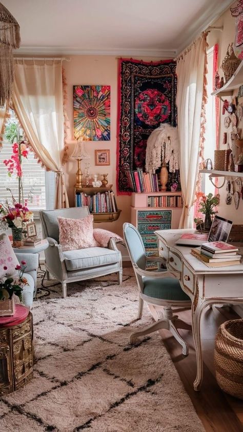 Art Therapy Office Design, Boho Home Office Ideas For Women, Boho Home Office Decor, Bohemian Home Office Decor, Colorful Boho Office, Home Office Colorful, Loft Office Ideas Upstairs, Boho Craft Room, Hippie Apartment Decor