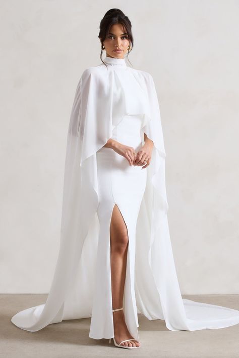 Saint Cream Fishtail Split Maxi Dress With Chiffon Cape – Club L London - USA Long Sleeve Cape Wedding Dress, Cape For Dress, Fish Tail Wedding Dress, Saint Dress, Winter Maxi Dress, Chiffon Cape, Brides Mom, Horse Races, Club L London