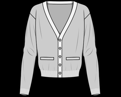 Cardigan Flat Sketch, Cardigan Technical Drawing, Flat Drawings, Flat Sketches, Garment Pattern, Drawing Clothes, Pattern Illustration, Technical Drawing, Fashion Flats