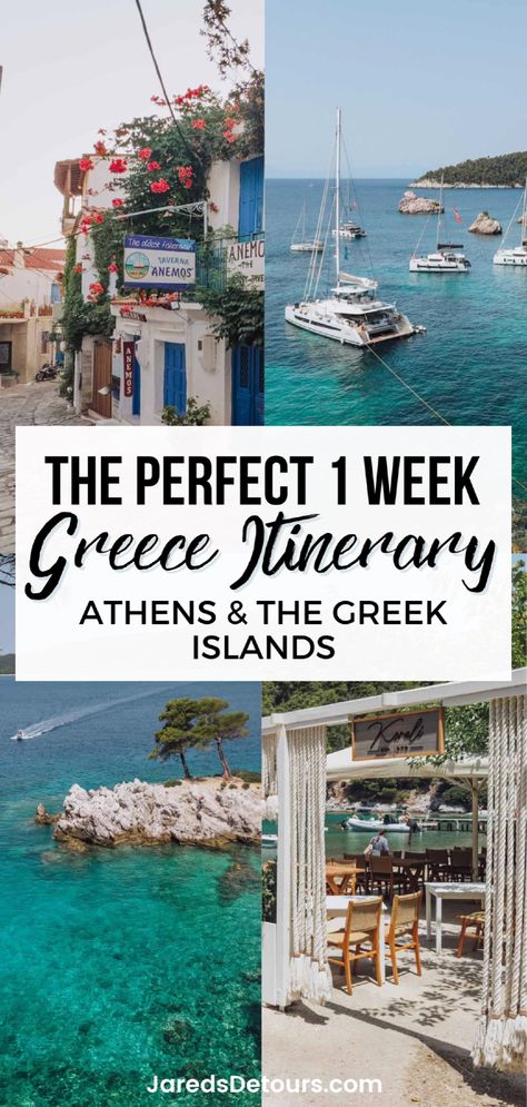 If you're heading to Greece and want to check out some hidden Greek Islands, this is the Greece travel itinerary for you! Our Greece itinerary covers Athens and some lesser-known yet beautiful islands like Skiathos, Skopelos, Loutraki, and Glossa. Click through now to plan your Greece travel, one of the best Europe destinations. One Week Greece Itinerary, One Week In Greece, Greece Travel Itinerary, Greece Honeymoon, Greece Itinerary, Greek Vacation, Greece Trip, Greece Travel Guide, Travel Inspiration Destinations