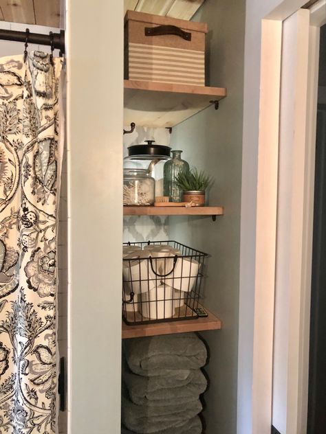 Bathroom Shelves Closet, Small Restroom Closet Ideas, Built In Shelves Bathroom Decor, Small Open Bathroom Closet Ideas, Deep Shelves Bathroom, Open Linen Closet In Bathroom Shelves, Open Shelf In Bathroom, Bathroom Closets And Shelving, Bathroom Shelves Decor Ideas Built Ins