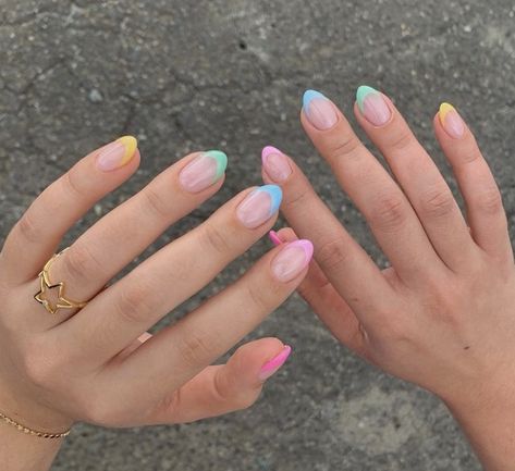 French Tip Nails With Color Line, Pastel Colored French Tip Nails, Almond Shape Beach Nails, Colorful Tip Nails, Different Color French Tips, Multi Colored French Tip Nails, Cute Spring Break Nails, Two Color French Tip Nails, Colorful French Tips