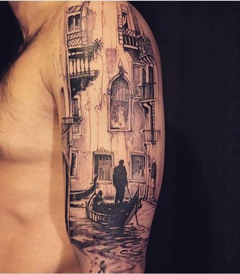 Sketch work style Venice inspired tattoo on the left upper arm. Tattoo Artist: L'oiseau · Franck Soler Belly Button Tattoo, Venice Boardwalk, Shoulder Tats, Italian Tattoos, Landscape Tattoo, City Tattoo, Architecture Tattoo, Elegant Tattoos, Tattoo Sleeve Designs