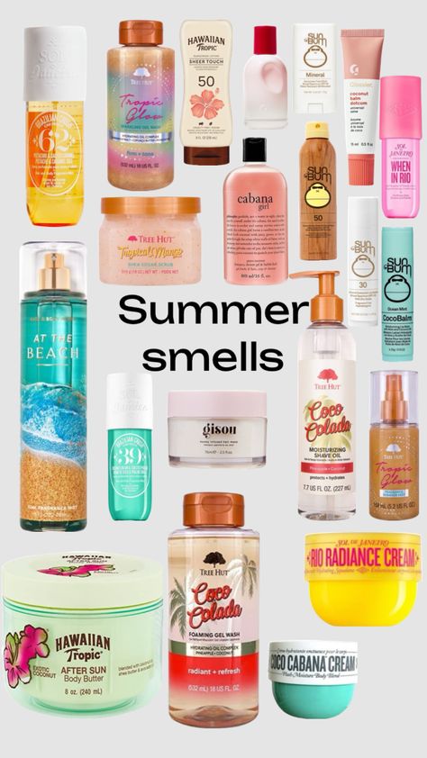 Summer smells! #summer Summer Shower Products, How To Smell Like Tropical, Summer Scents Perfume, Summer Scent Combos, How To Smell Tropical, Summer Needs Products, How To Smell Like The Beach, How To Smell Like Summer, Summer Hygiene