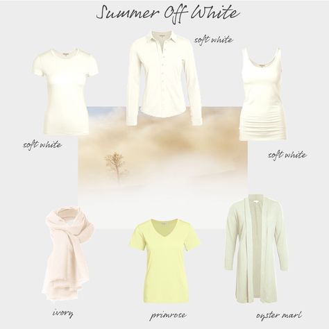 Rather than stark white or golden cream shades, Summers have a slightly softened grey white, known as soft white or (somewhat confusingly) winter white. Soft Summer White, Suitcase Outfits, Cool Summer Palette, Complexion Colors, Soft Summer Palette, Soft Summer Color Palette, Neutral Capsule Wardrobe, Soft Summer Colors, Summer Palette