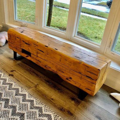 Barnboard Projects, Hallway Bench Seat, Plant Bench, Beam Ideas, Beam Bench, Primitive Bench, Rustic Fireplace Mantels, Reclaimed Beams, Reclaimed Wood Beams