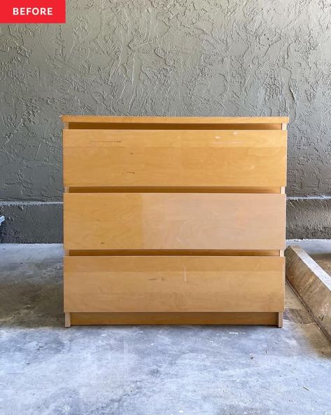 IKEA MALM Dresser Redo for $60 - Before and After Photos | Apartment Therapy How To Paint Ikea Malm Dresser, Malm 3 Drawer Chest As Nightstand, Painting Ikea Dresser, Ikea Malm Oak, Malm Dresser Makeover, Ikea Headboard Hack, Malm Dresser Hack, Malm Hack, Malm Chest Of Drawers