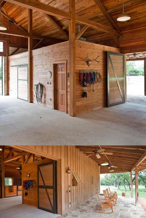 An extra storage room for feed and tack on the interior, and a covered porch perfect for relaxing in the rocking chairs after hitting the trail. #horsebarn #tackroom #rockingchairs #horsestall #horses #equine San Vicente, Tack Room Decorating Ideas, Feed And Tack Room Ideas, Horse Barn Layout Floor Plans, Horse Tack Rooms Western, Barn Tack Room Ideas, Horse Tack Room Ideas, Farm Barn Ideas, Feed Room Ideas Barn