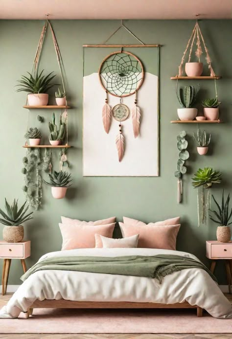 Girls Bedroom Green, Sage Bedroom, Blush Bedroom, Sage Green Bedroom, Boho Style Bedroom, Bohemian Bedroom Decor, Green Bedroom, Green Walls, Boho Bedroom Decor