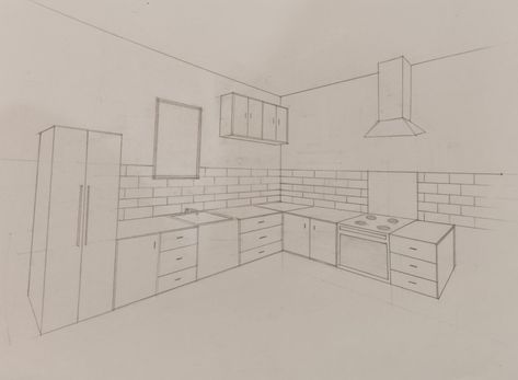 Two point perspective drawing of kitchen Two Point Perspective Kitchen Drawing, 2 Point Perspective Kitchen, Kitchen Perspective Drawing, 1 Point Perspective Drawing Easy, Drawing Of Kitchen, Kitchen Perspective, Two Point Perspective Drawing, One Point Perspective Room, Kitchen Sketch