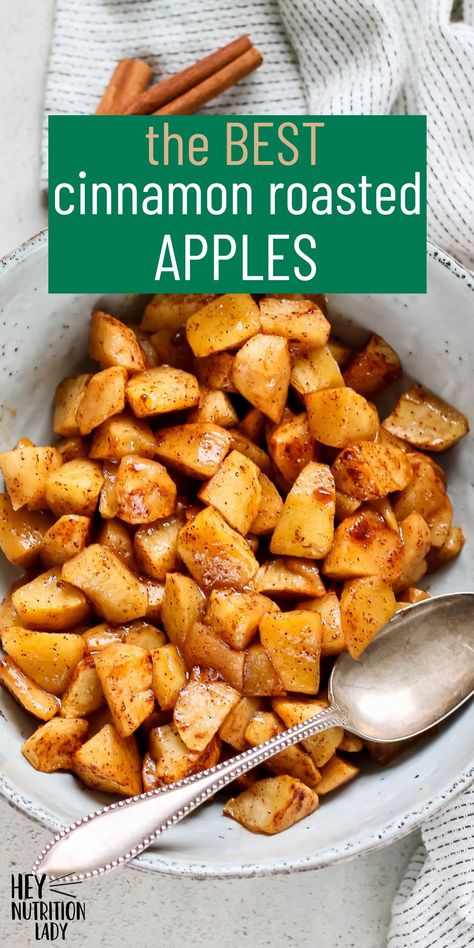 Cinnamon Roasted Apples! This is an easy and healthy recipe for apples baked in the oven with cinnamon and a touch of brown sugar. Eat them for dessert, add them to your breakfast, or just straight from the pan! Baked Cinnamon Pears, Baked Blooming Apples, Cinnamon Apples Crockpot Easy, Baked Apples With Granola, Apples Healthy Recipes, Baked Whole Apples Recipe Oven, Baked Apples Breakfast, Airfryer Apples Healthy, Quick Baked Apples