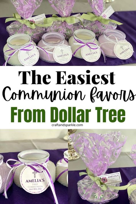 Throwing a First Communion party for your child? Here are quick and easy communion favors you can put together from Dollar Tree. These DIY communion party ideas are inexpensive and great for boys or girls. Communion Ideas Girl, Communion Desserts, Communion Party Ideas, Communion Centerpieces, Communion Party Favors, Recuerdos Primera Comunion Ideas, Baptism Party Favors, Confirmation Party, Communion Table