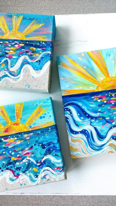 Summer Canvas Painting Ideas Kid Art, Summer Art Inspiration, Beachy Art Ideas, Beach Box Painting, Summer Box Painting, Painting Boxes Ideas, Summer Canvas Painting Ideas Easy, Beach Paintings On Canvas Easy, Simple Beach Painting