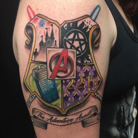 Andrew Hanson on Instagram: “Did this recently. It’s pretty much everything she liked in one tattoo. Thanks for checking out my art! Please comment and like!…” Fandom Tattoo Sleeve, Geek Tattoo Sleeve, Nerd Tattoos For Women, Hanson Tattoo, Nerd Tattoo Ideas, Guardians Of The Galaxy Tattoo, Movie Inspired Tattoos, Sherlock Tattoo, Dr Who Tattoo