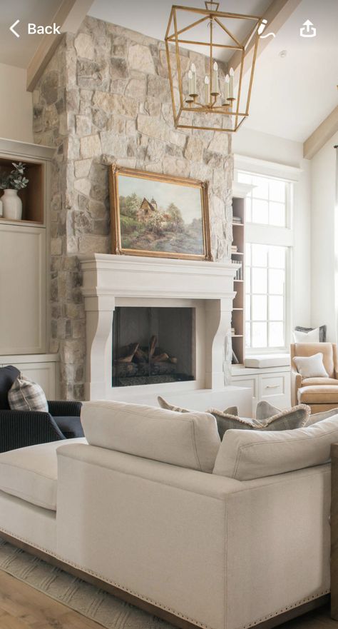 Tall Rock Fireplace Wall High Ceilings, Uncentered Fireplace Living Room, Whitewashing Stone Fireplace, English Living Room Modern, Stone Fireplace With Mantel, Stone Fireplace With Hearth, Half Stone Fireplace, Tall Stone Fireplace, Barn Fireplace