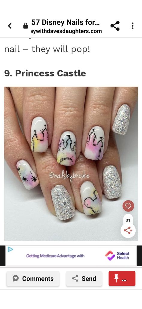 Disney Castle Nail Art, Princess Disney Nails, Disney Nails Princess, Magic Kingdom Nails, Princess Nails Acrylic, Belle Inspired Nails, Disney Castle Nails, Disney Themed Nails, Chateau Disney