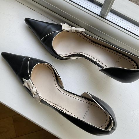 Miu miu, kitten heels, black heels, coquette shoes, Carmela, bow heels, miu miu heels, courts, vintage kitten heels, vintage heels, pointy heels, Italian vintage, vintage pointy heels. Black and white pointy kitten heels The most INSANE... - Depop Vintage Pointed Heels, Black Heels Vintage, Kitten Heels Aesthetic, Black Vintage Heels, Miu Miu Kitten Heels, Heels Coquette, Pointy Kitten Heels, Coquette Shoes, Kitten Heels Vintage