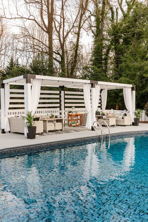 Pool Arbor Ideas, Pool Pergolas Cabanas, Pool Side Cabana Ideas, Open Pool Cabana, Covered Area By Pool, Backyard Entertaining Area With Pool, Pergola By Pool Ideas, Small Cabana Ideas Backyard, Pool Entertainment Area Ideas