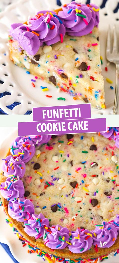 Fingertips Cookie Cake, Confetti Cookie Cake, Personal Cookie Cake, Birthday Cake Dessert Recipes, Good Cake Ideas, Birthday Cake Ideas Easy Simple, Cake Mix Cookie Cake, Small Cookie Cake, Purple Cookie Cake