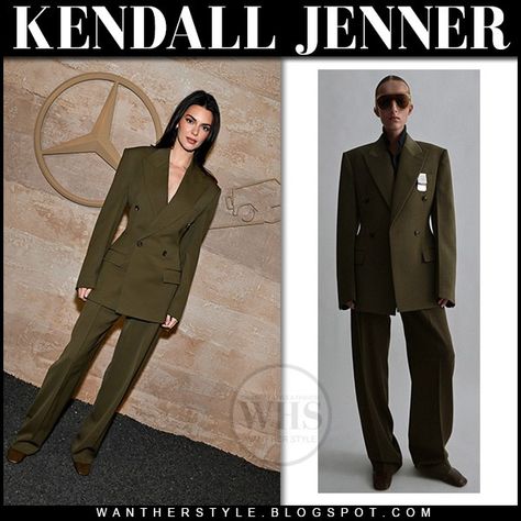 Kendall Jenner in olive green phoebe philo suit at Mercedes Benz event Kendall Jenner Mercedes, Kendall Jenner Suit, Kendall Jenner Green, Olive Green Suit, Suit Green, Green Outfits, Model Street Style, Phoebe Philo, Green Suit