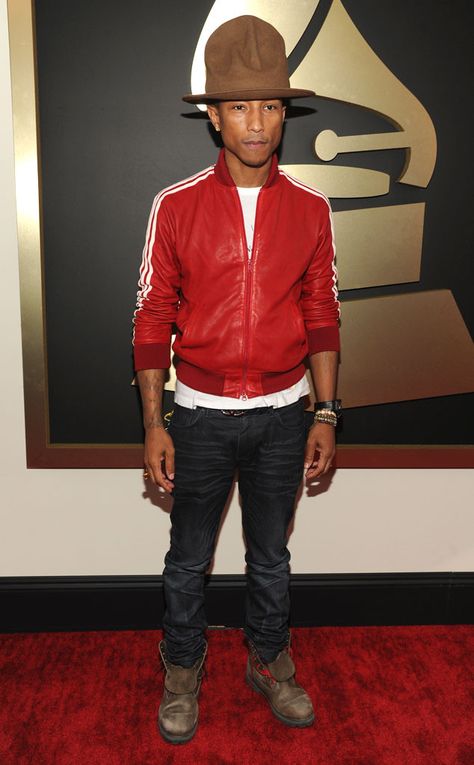 Pharrell Williams from 2014 Grammys. Grammy Fashion, Grammy Red Carpet, Grammys Red Carpet, Grammy Party, Bape Hoodie, Black Leather Dress Shoes, Celebrity Skin, Happy Song, Pharrell Williams