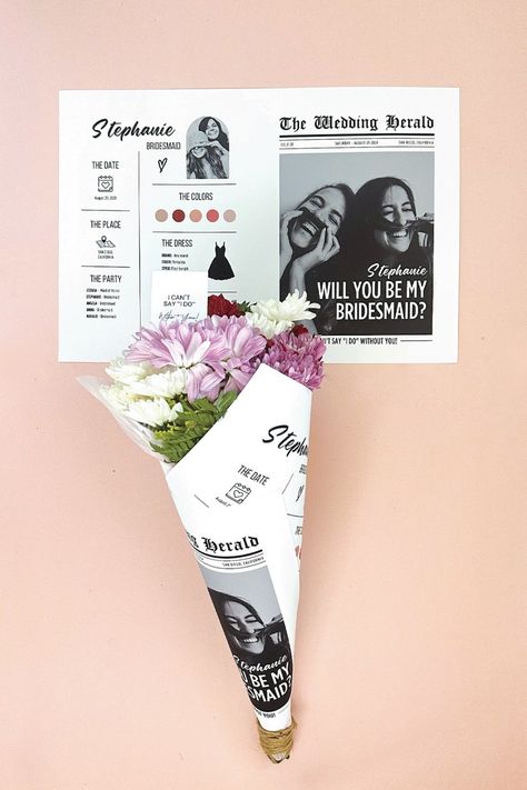 Bridal Proposal Ideas, Bridesmaid Newspaper, Unique Bridesmaid Proposal, Wedding Newspaper Template, Bridesmaid Proposal Diy, Bridal Proposal, Bridesmaids Proposal, Bridesmaid Diy, Gift Tag Design