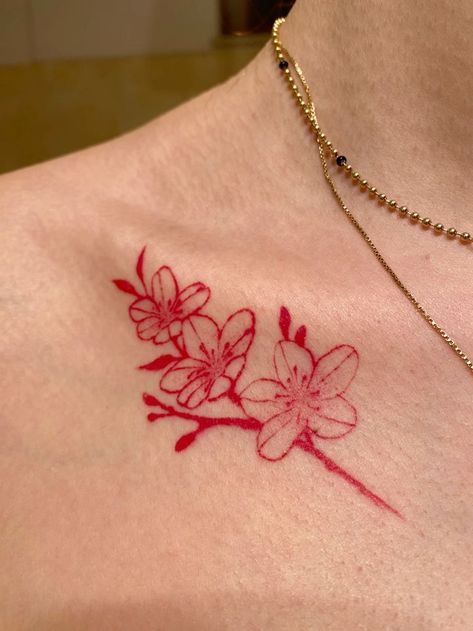 Red Ink Cherry Blossom Tattoo, Red Sakura Tattoo, Red Asian Tattoo, Red Tatoos Woman, Red Collar Bone Tattoo, Red Tattoo Flower, Sakura Blossom Tattoo, Red And White Tattoo, Dark Red Tattoo