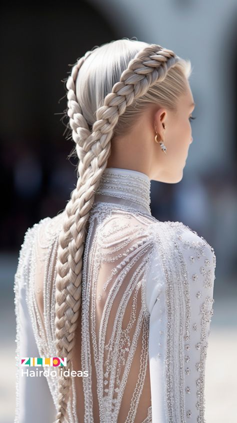 Braids: A Quintessential Element of Innovative Hairstyling Braiding Ideas For White Women, Norse Braids Woman, Long White Hairstyles For Women, Blonde Warrior Woman Aesthetic, Intimidating Hairstyles, Native American Braids For Women, Woman Viking Hairstyles, Combat Hairstyles, Complex Braided Hairstyles