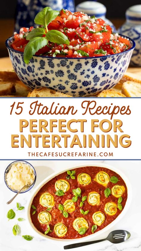 Here are 15 Italian Recipes Perfect for Entertaining in any setting! These recipes are all outrageously delicious, especially when you take into account how easy they are to put together. Guaranteed to please a crowd, these recipes will never let you down, so check out the list and try them out today! Italian Food To Feed A Crowd, Italian Dinner Main Dishes, Italian Make Ahead Recipes, Pasta Dishes For A Crowd Parties, Easy Italian Party Food, Italian Tailgate Food, Italian Dinner Ideas For A Crowd, Easy Party Dinner For A Crowd, Easy Lunch Entertaining Ideas