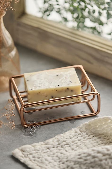 This copper soap dish for the bath or kitchen is designed to let water drain away from your favorite bar soaps. | Open Copper Soap Dish in Brown at Terrain Bar Cart Tray, Vintage Soap Dish, Bath Accessories Ideas, Bathroom Trinkets, Redecorate Room, Cottage Community, Copper Home Decor, Bunny Dishes, Kitchen Ideals