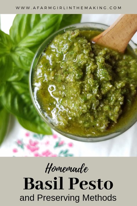 Homemade basil pesto can be consumed fresh or preserved to be enjoyed at a later time. This easy to make recipe will only take minutes to make, enjoy it! www.afarmgirlinthemaking.com