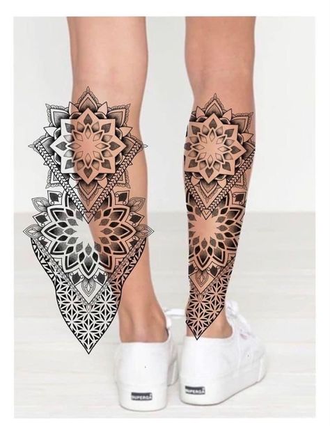 Geo Leg Tattoo, Geometric Mandala Leg Tattoo, Mandala Shin Tattoo Design, Ornamental Tattoo Leg Woman, Mandala Tattoo On Leg, Calf Mandala Tattoo, Mandala Tattoo Design Women Leg, Mandala Tattoo Stencil Men, Mandala Calf Tattoo