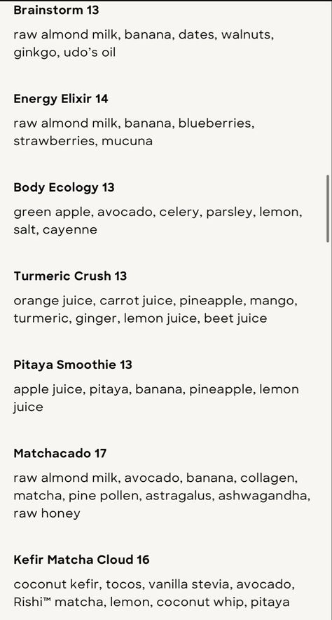 Erwon Smoothie Recipes, Erewhon Breakfast, Erewhon Smoothie Recipes, Erewhon Food, Erewhon Recipes, Erewhon Smoothie, Smoothie Aesthetic, Mixology Recipes, Smoothie Menu