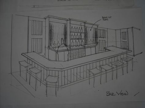 Bar view perspective Design Bar Perspective Drawing, Bar Reference Drawing, Bar Sketch Drawing, Perspective Drawing 1 Point, Bar Blueprints, Room Bar Ideas, Bar Sketch, People As Cartoons, One Point Perspective Room