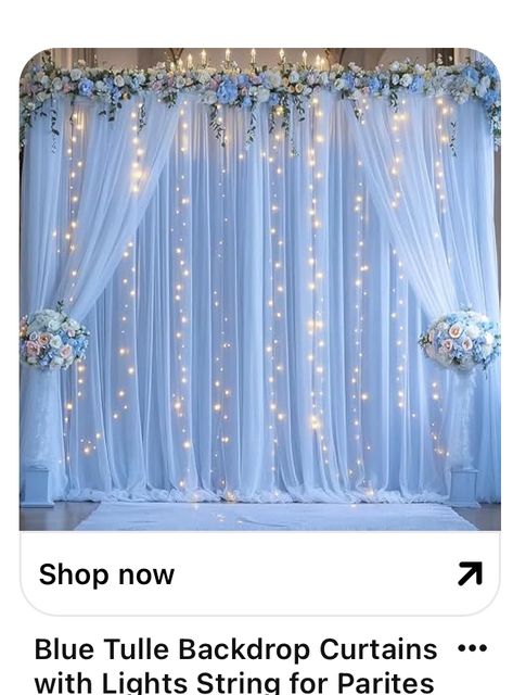 Blue Tulle Backdrop, Quince Decor Light Blue, Sky Blue Party Decorations, Pearl Backdrop Ideas, Royal Blue Backdrop Ideas, Sky Blue Sweet 16 Decorations, Winter Quinceanera Ideas Decoration, Blue Sweet 16 Backdrop, Sweet 16 Blue Theme Winter Wonderland