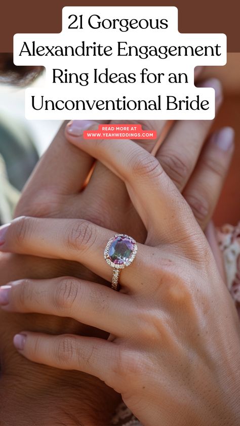 A stunning couple showcasing a beautiful alexandrite engagement ring, with the stone changing colors in different lights, perfect for an unconventional bride. Real Alexandrite Ring, Unique Alexandrite Engagement Rings, Engagement Rings Alexandrite, Alexandrite Engagement Rings, Alexandrite Rings, Unconventional Bride, Traditional Engagement, Alexandrite Stone, Traditional Engagement Rings