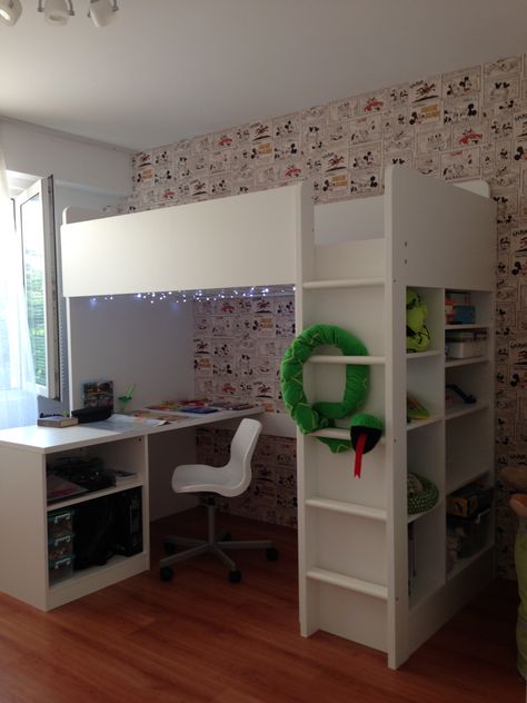 This is a loft bed for kids bedroom. The bed is on the second level, under bed have a desk and home office chair. Right side is a storage with some shelf. The product is produced of IKEA Sweden Stuva Loft Bed, Brothers Room, Ikea Stuva, Kids Loft, Ikea Kids, School Things, School Class, Bed Ideas, All Toys