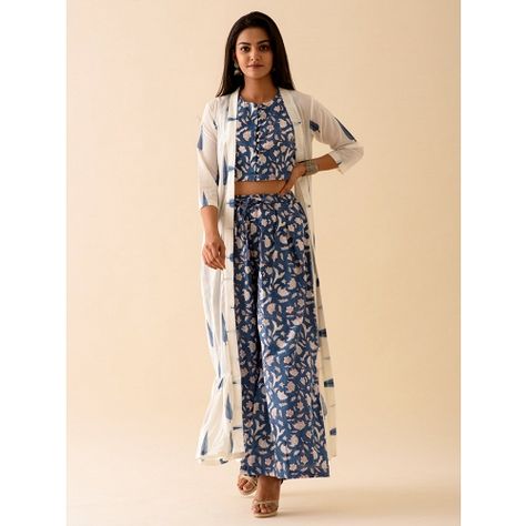 Blue Block Print Crop Top Pant Set - Whats New #pantset #tunic #moderndresses#dresses#mididress#jacket Blue Block Print, Long Shrug, Crop Top Pants Set, College Wear, Casual Indian Fashion, Cotton Kurti Designs, Kurti Designs Party Wear, Simple Mehndi, Ethnic Outfits