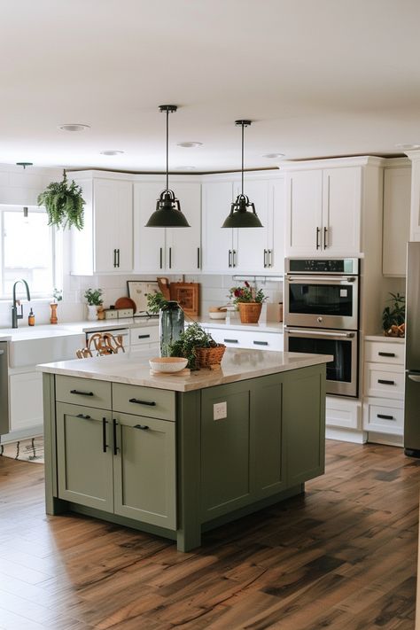 Upper And Lower Cabinets, Kitchen Color Themes, Two Toned Kitchen Cabinets, Cabinet Color Ideas, White Upper Cabinets, Cream Kitchen Cabinets, Kitchen Cabinets Color Combination, Kitchen Cabinet Color, Green Kitchen Island