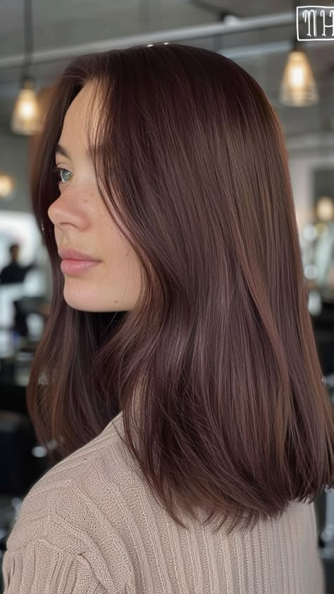 25 Gorgeous Hair Colors for Your Summer Makeover Trendy Hair 2024 Color, Minimal Hair Color Ideas, One Shade Hair Color, Chocolate Mahogany Hair Color, Purple Undertone Hair Brown, Soft Mahogany Brown Hair, Colored Hair Ideas For Brunettes, Short Mahogany Hair, Iced Chocolate Hair Color