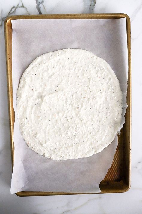 Top down view of raw cottage cheese pizza crust on baking sheet with parchment paper. Baked Cottage Cheese Tortilla, Cottage Cheese Crust, Cottage Cheese Pizza Crust Low Carb, Cottage Cheese Pizza Crust, Low Carb Cottage Cheese Flat Bread, Cottage Cheese Egg Flatbread, Viral Cottage Cheese Flatbread, Cheese Pizza Crust, Cottage Cheese Pizza