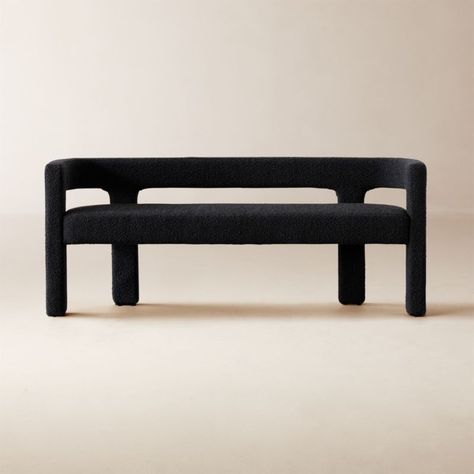 Stature 67" Black Boucle Bench + Reviews | CB2 Style Bench Entryway, Entryway Ideas With Bench, Round Concrete Dining Table, Boucle Bench, Black Leather Ottoman, Bench Bedroom, Bench With Back, Model Room, Concrete Dining Table