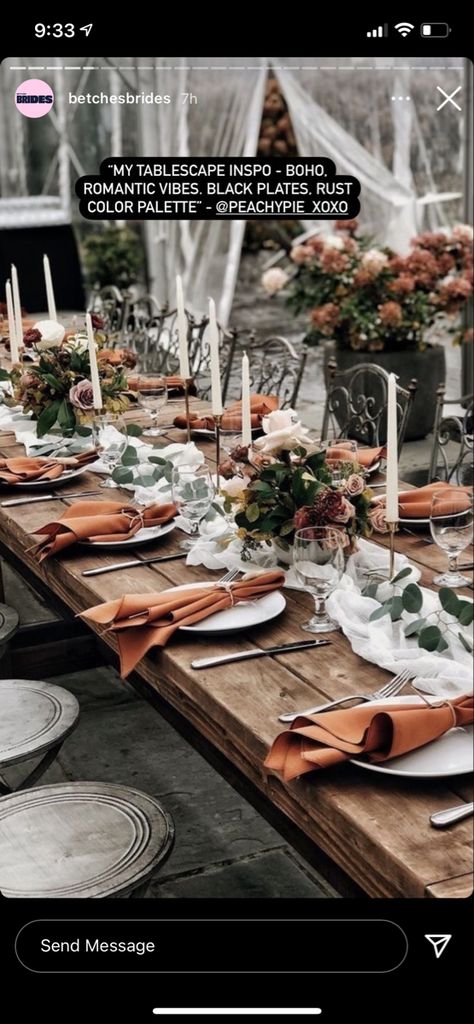 Fall Wedding Harvest Table, Fall Wedding Long Table Decor, Rust Table Setting Wedding, Wedding Harvest Table Decor, Farm Table Wedding Tablescape, Harvest Table Wedding, Square Wedding Tables, Fall Wedding Tablescapes, Harvest Table Decor