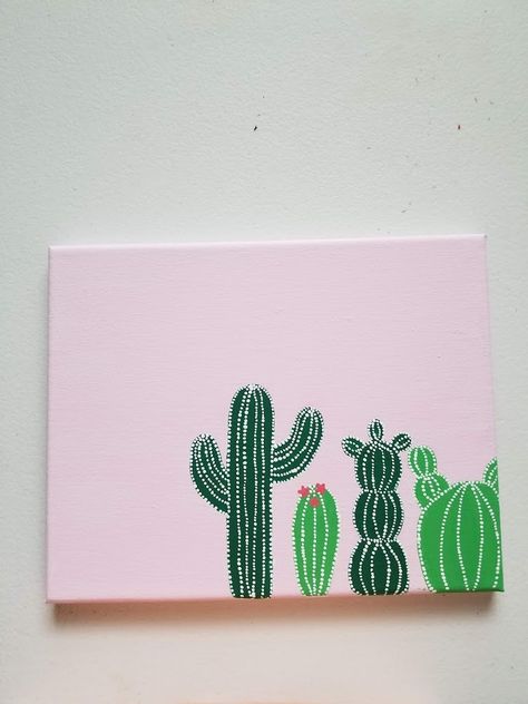 Cactus Painting Simple, Cactus Canvas Painting, Painting Cactus Easy, Easy Cactus Painting, Cacti Painting Easy, Mini Canvas Plant Painting, Paint Cactus Easy, Cute Cactus Painting Acrylic, Canvas Painting Ideas Cactus