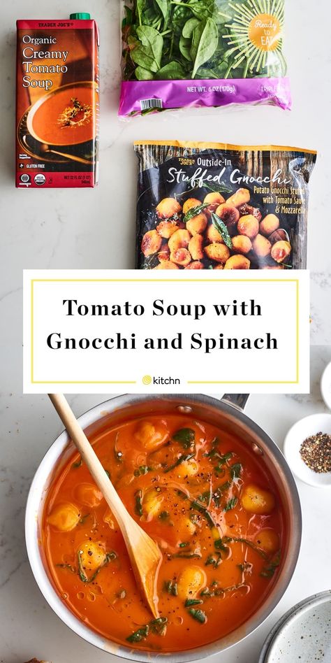 Gnocchi And Spinach, Stuffed Gnocchi, 1000 Calorie, Trader Joes Recipes, Gnocchi Soup, Creamy Tomato Soup, Meatless Mondays, Tomato Soup Recipes, Trader Joe